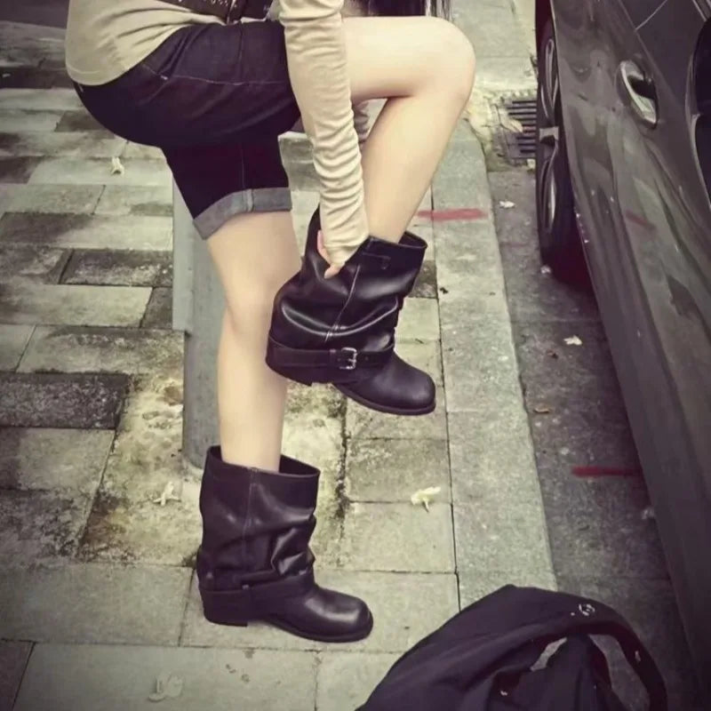 Fashion Boots Autumn New Round Toe Sleeve Metal Belt Buckle Anti-slip Wear-resistant Medium Heel Short Boots