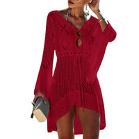 Sexy 2022 Beach Cover Up Crochet Knitted  Women Flared Sleeves Beach Dress