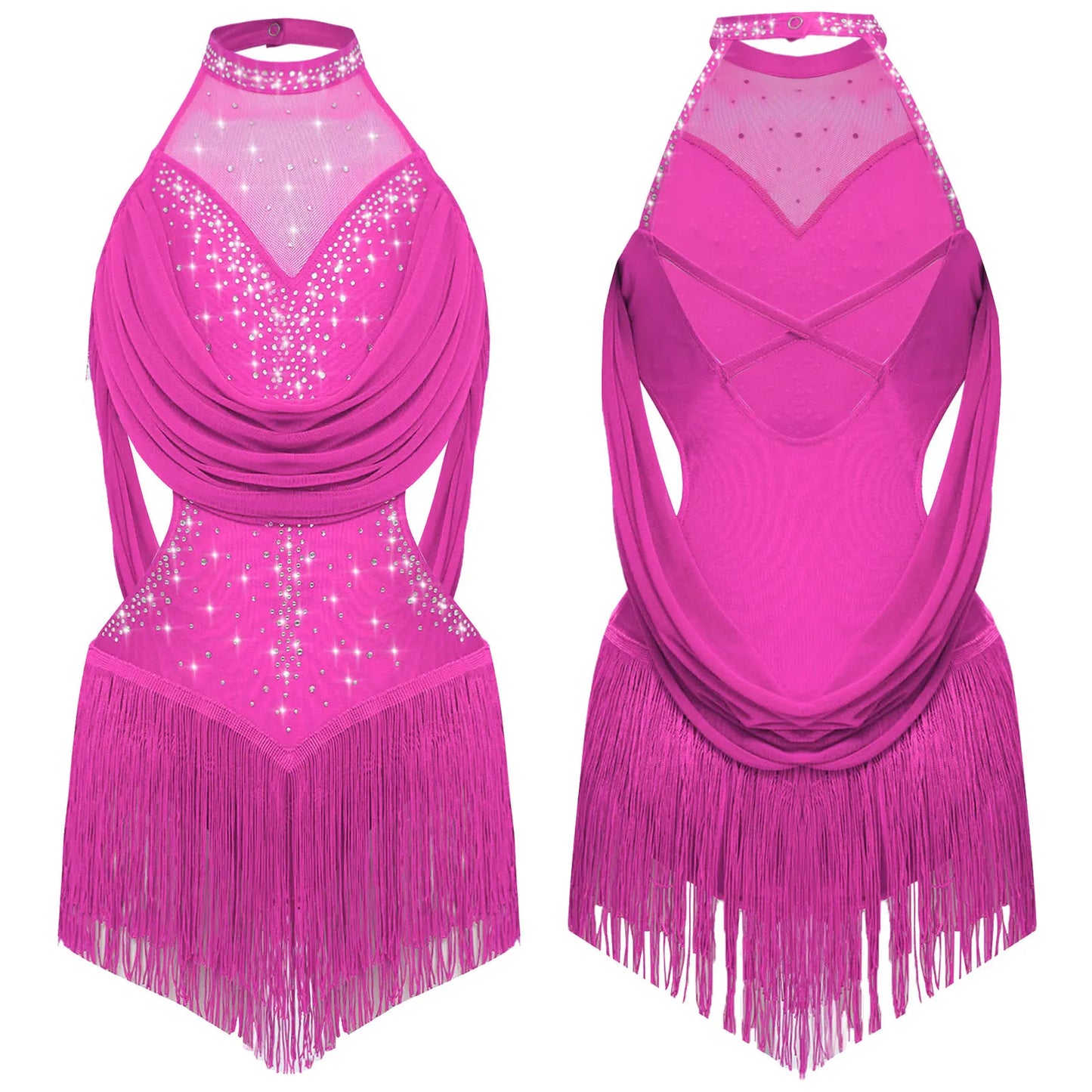 Girls Latin Jazz Rumba Samba Dance Costume Salsa Set Ruched Mesh Drapes Cutout Leotard with Tassel Skirts and 1 Pair Mesh Gloves