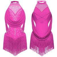 Girls Latin Jazz Rumba Samba Dance Costume Salsa Set Ruched Mesh Drapes Cutout Leotard with Tassel Skirts and 1 Pair Mesh Gloves