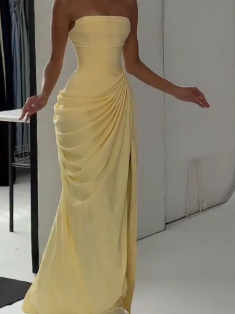 Elegant Yellow Strapless Pleated Long Dress Women Chic Solid Sleeveless Waist Cinching Split Gown 2026 Lady Evening Party Robe