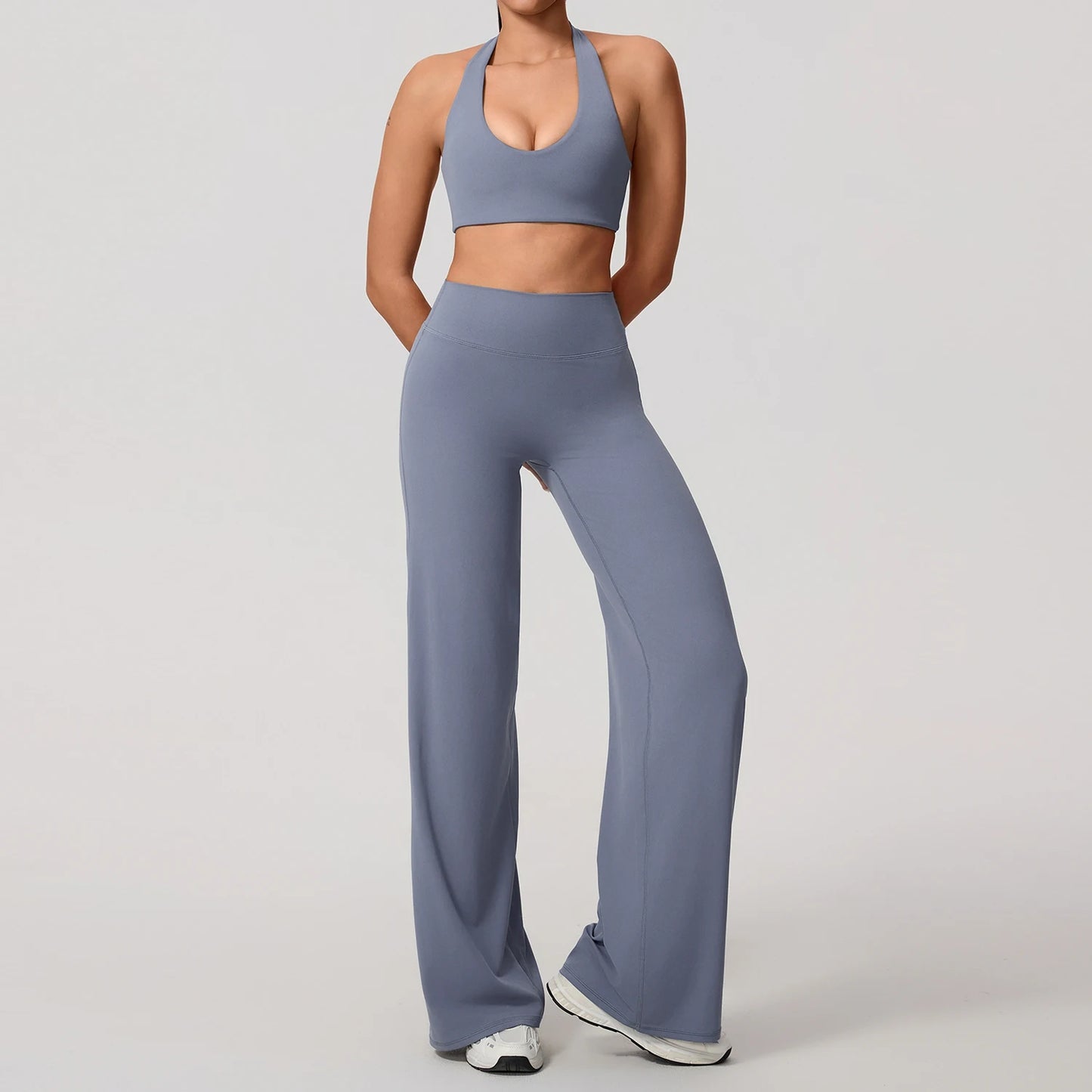 Hearuisavy Summer Yoga Set 2Pcs Women Breathable Backless Halter-Neck Sports Bra Push Up Pilates Fitness Top Straight Leg Pants
