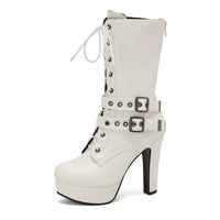 Women Punk Style Lace-Up Ankle Boots Belt Buckle Platform High Heels Short Boot Female White Autumn Winter Round Toe Shoes 2025
