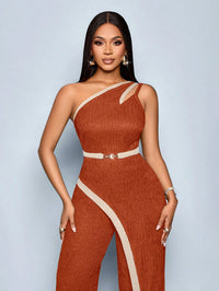 Women's Fashion Modern Party Asymmetric Neck Hollow Two-color Contrast Office Asymmetric Splicing Metal Decorated Sleeveless Str