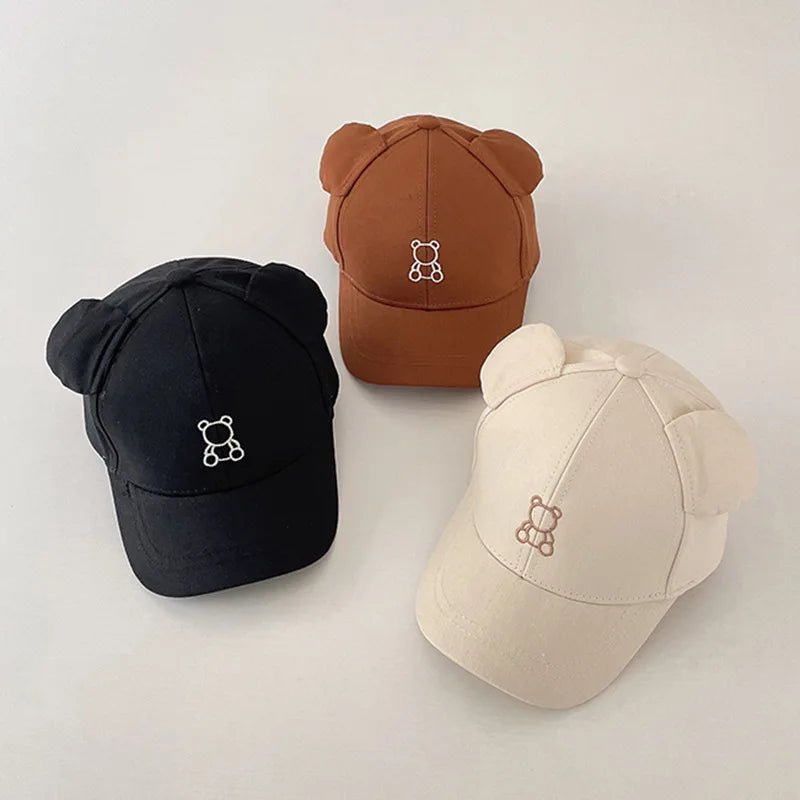 Korean Cute Baby Hat With Ears Cartoon Bear Embroidery Cotton Baseball Cap For Boys Girls Spring Summer Adjustable Kids Sun Hats