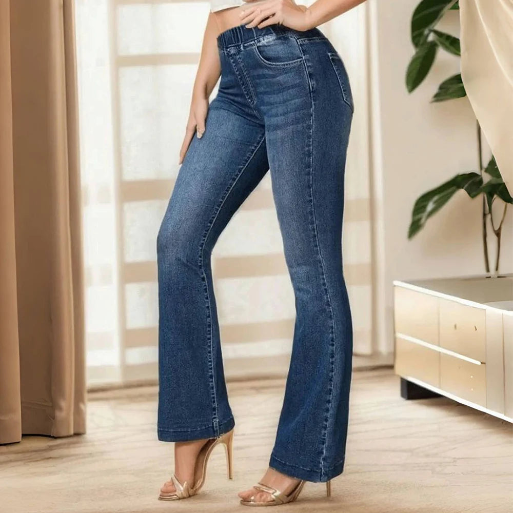 Women's Micro Flared Jeans Trendy Comfy Stretchy Denim Pants Elastic Waist Flared Denim Trousers Daily Commuting All-Match Jeans