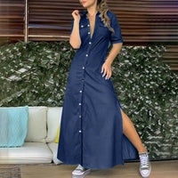 Sexy 2022 Fashion Pockets Denim Dress Women Turndown Collar Half Sleeve Single Breasted Slit Long Dress