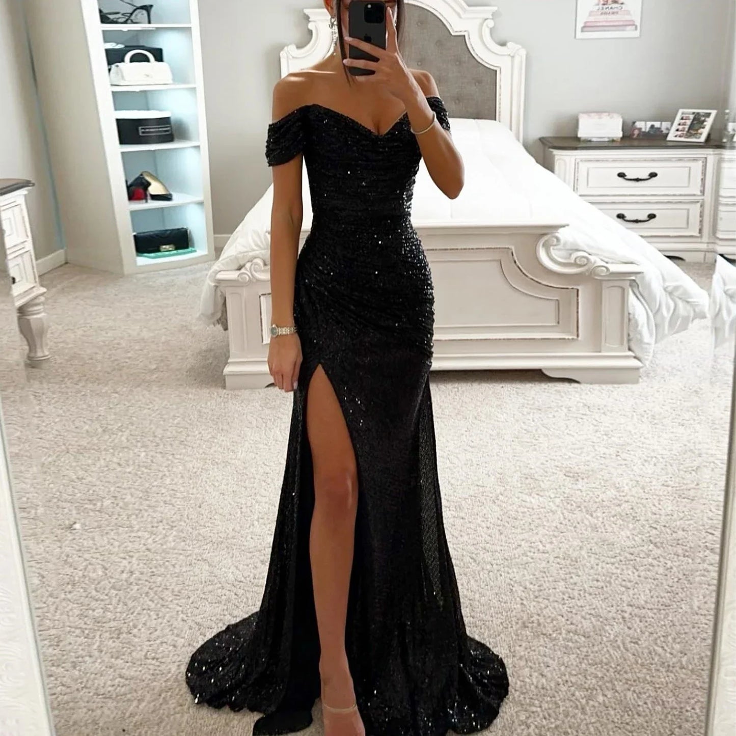 New Women Vintage Sequined V Neck Off Shoulder Slim Sexy Split Long Dress Evening Party Maxi Dresses Party Sequin Dress