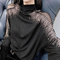 Graphic Turtlenecks Korean Fashion Pullover Clothes Top Women's Tshirt Clothing Rhinestone T Shirts for Women Streetwear Sequin