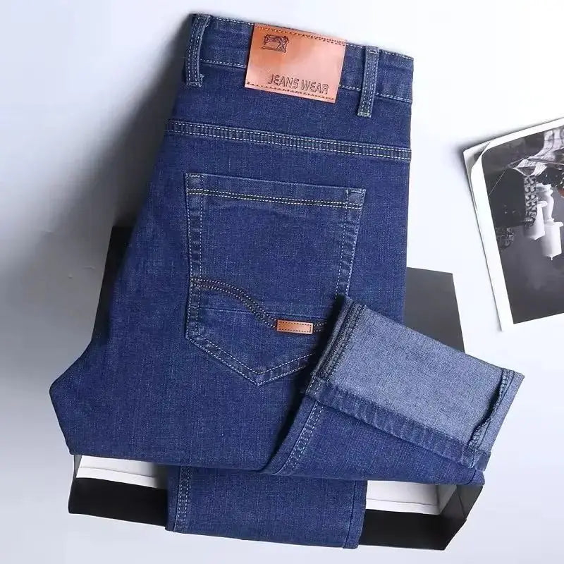 2025 Spring Autumn New Men's Jeans Casual Straight Stretch Fashion Classic Blue Black Work Denim Trousers Male Brand Clothing