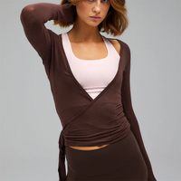 Women Cross Wrap Tie Crop Tops Yoga Shirts Long Sleeve Deep V Neck Solid Color Slim Fit Shirts Ladies Yoga Workout Blouses Tees