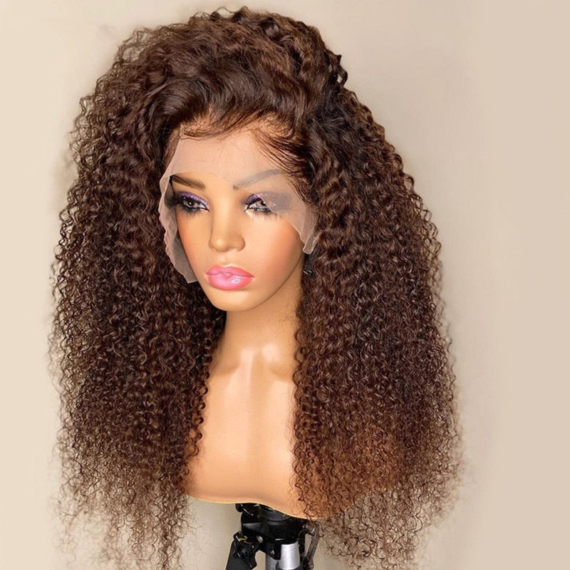 26 Inches Brown Preplucked 180%Density Glueless Kinky Curly Lace Front Wig With BabyHair