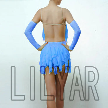 New Latin  Competition Performance  Adult Custom Children's Purple Tassel Backless Dance Skirt Blue Pleated Skirt
