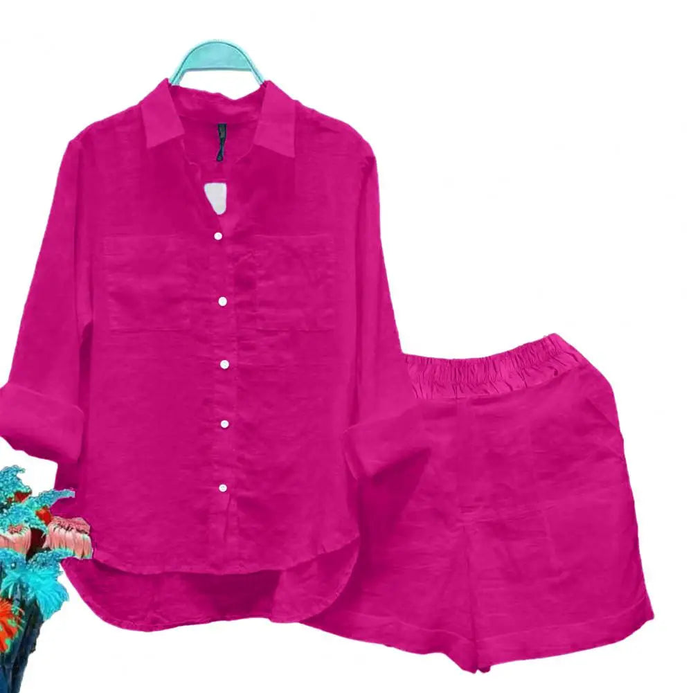 2025 Women Shirt Shorts Set Loose Irregular Hem Lapel Long Sleeves Shirt Top Elastic Waist Wide Leg Shorts Female Summer Outfit
