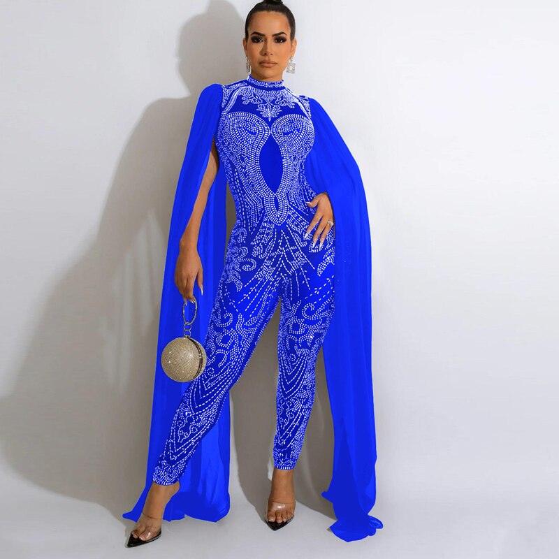 Sexy Beautiful Cape Sleeve Mesh Crystal Jumpsuits Women Rompers Luxury See-Through Outfits