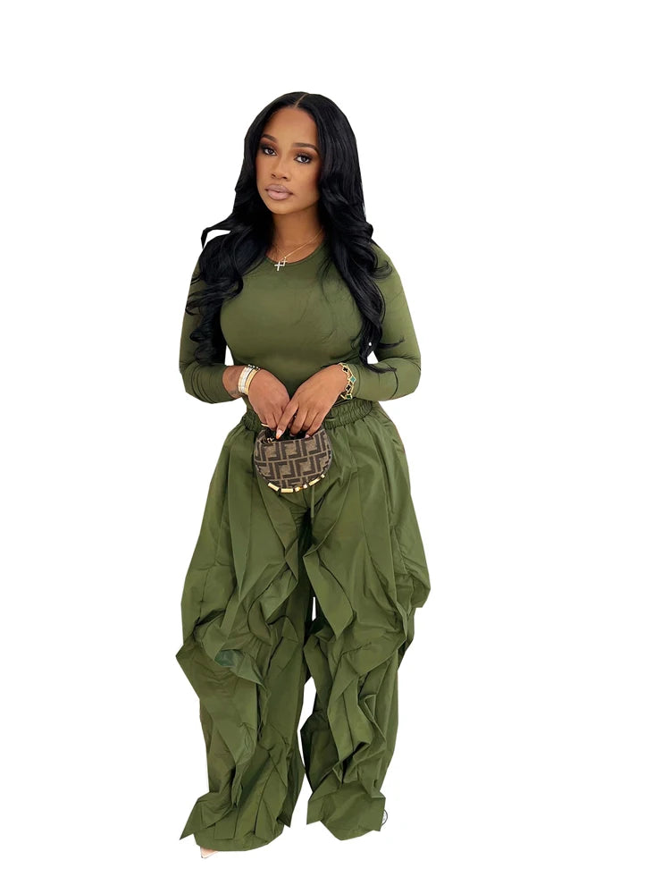Fall 2025 Outfits Women Two Piece Set Solid Casual Long Sleeve Tops and Ruffle Drawstring Jogger Pants Streetwear Matching Sets