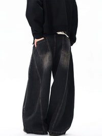 Vintage Black Washed Baggy Jeans Pants Men Wide leg Curved Blade Pants Streetwear Cowboy Casual Denim Straight Trousers