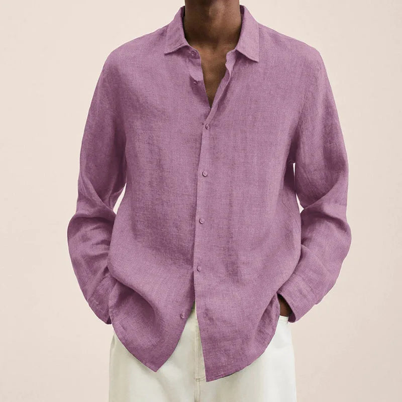 Men's Simple Linen Shirt Spring Autumn New Solid Color Lapel Buttons Loose Long Sleeve Shirt