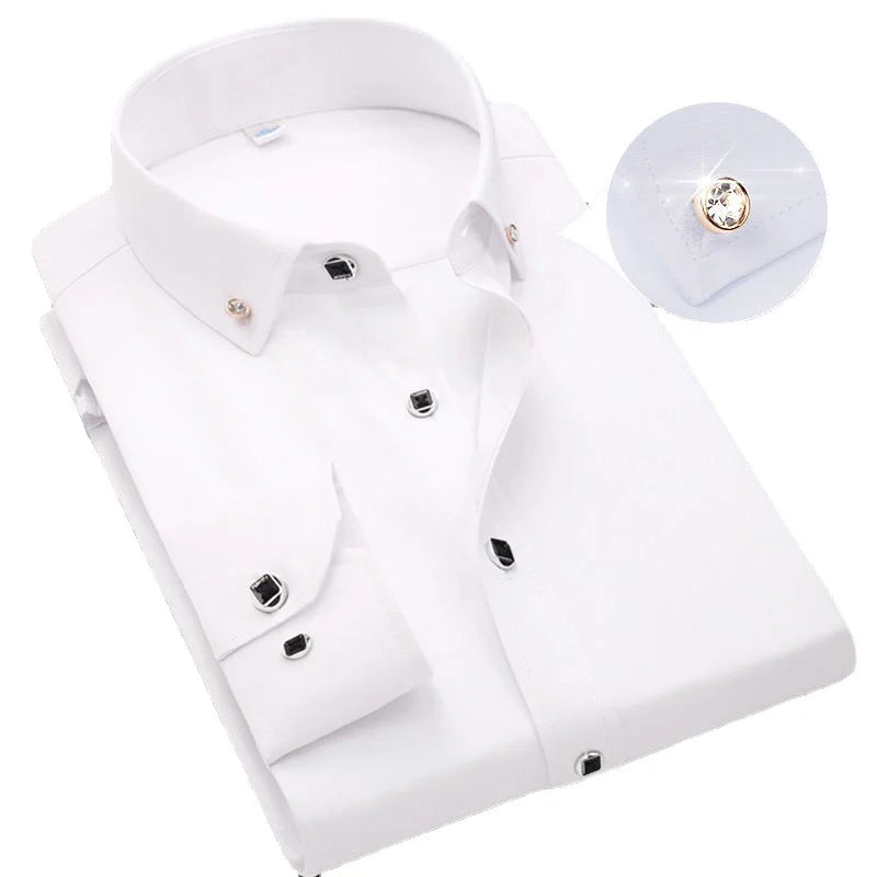 Men's Button-down Shirt Long Sleeve Casual Formal Business Dress Shirts Pocket-less Solid Color Blue White Tops Korean Slim Fit