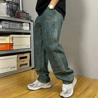 Embossed Trendy Workwear Jeans Men's Loose Straight Leg Retro Washed Trendy Casual Pants