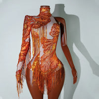 NEW womens bodysuit Sexy Leopard sequin tassels High Collar Bodycon team performance pole dance drag queen outfit singer stage