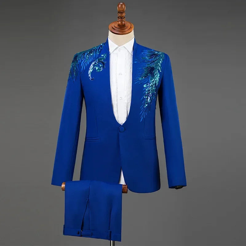 2025 Men's Stage Costume Suit Sets 2PCS Fashion Luxury One Button Sequin Embroidery Suit Jacket+Pants Male Singer Host Clothes