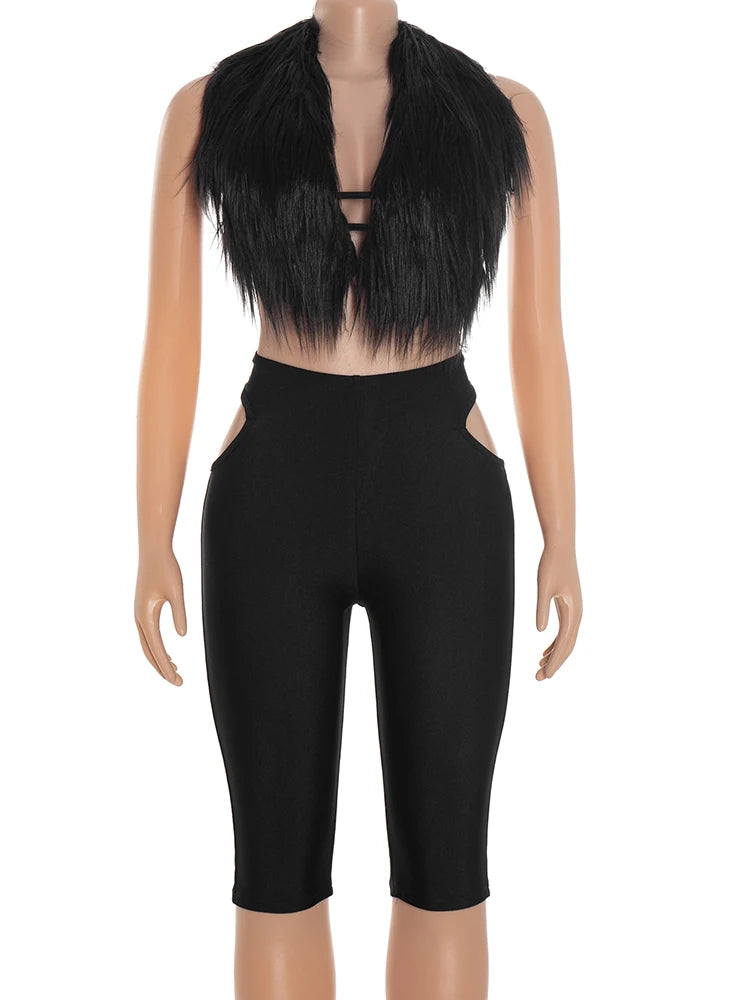 Weird Puss Furry Sexy 2 Piece Set Women Tracksuit Backless Tank Tops+High Waist Hollow Bike Shorts Nightclub Matching Outfits