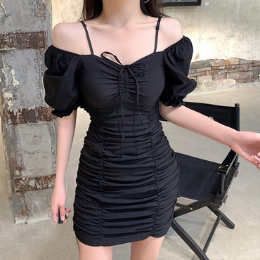 Summer Temperament Solid Color Puff Sleeve Drawstring Ruched Short Dress For Dating Shopping Ladies Sexy Slim Mini Skirt Girls