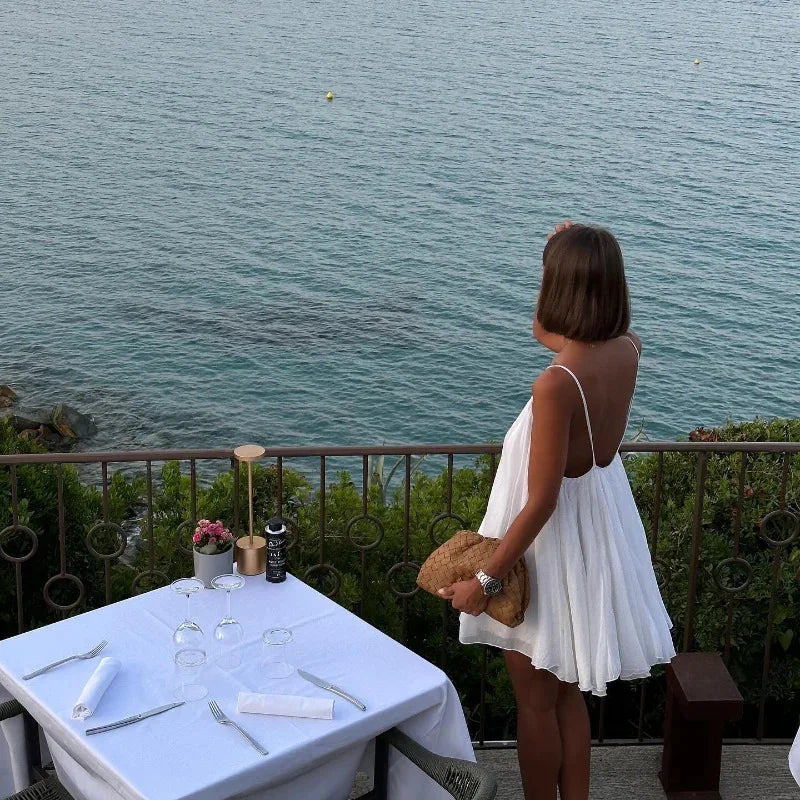 2026 Women White Big Backless Sling Dress O neck Back Zipper Loose Swing Mini Short Dresses Holiday Robe