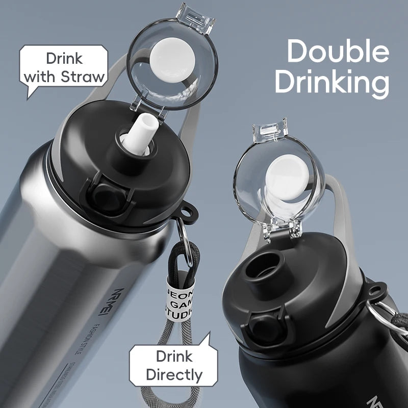 One Button Open Water Bottle with Lifting Rope, Large Capacity Stainless Steel Thermos Bottle,Outdoor Sport Vacuum Flasks