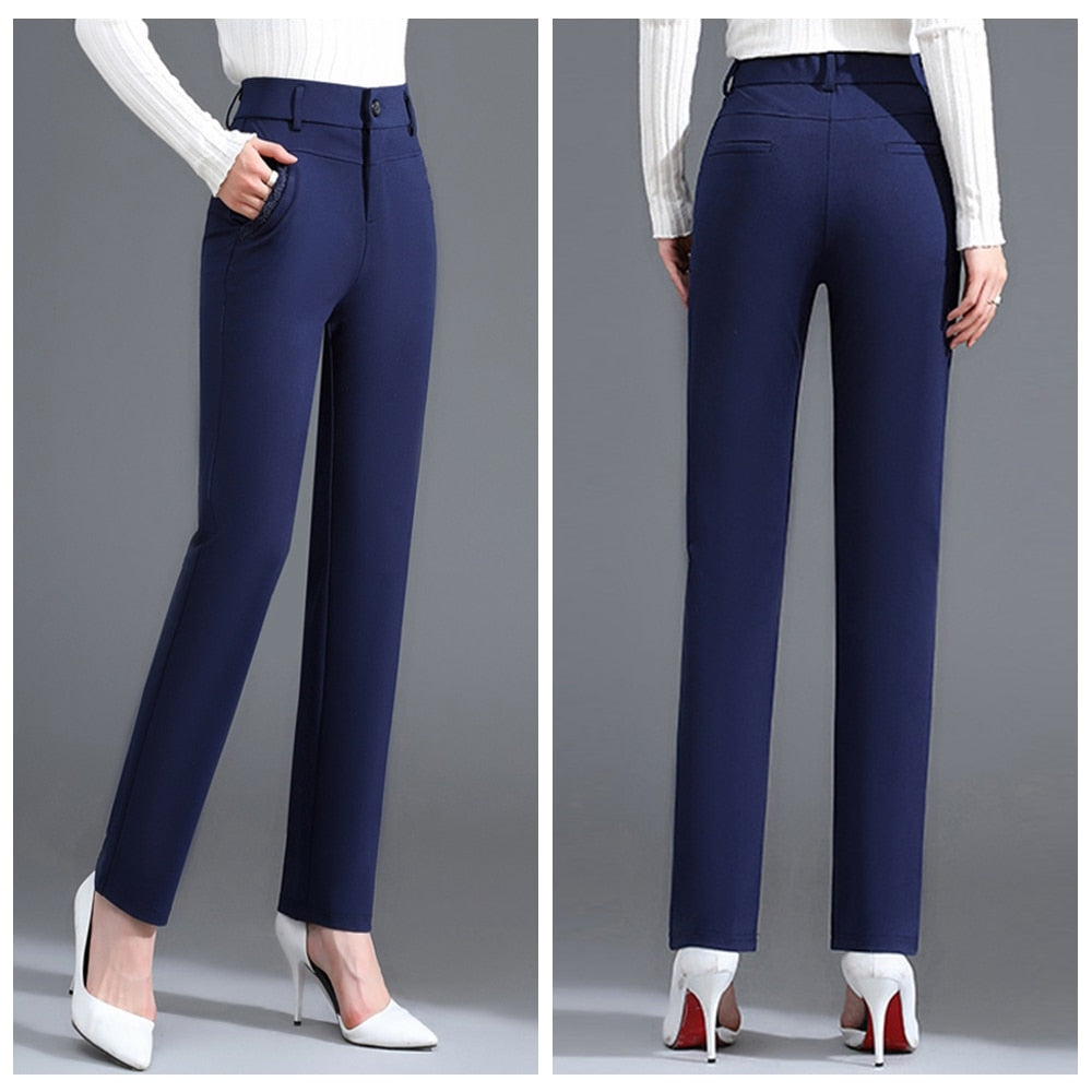 Blue High Waist Straight Tube Pants Women's Loose Spring Autumn Narrow Fit Slim Drop Feel Suit Pants Plus Size Long Pants M-5XL