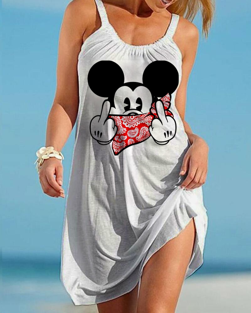 Sexy 2022 Summer Mickey and Minnie Women Fashion Sling Print Dress Disney  Beach Dress