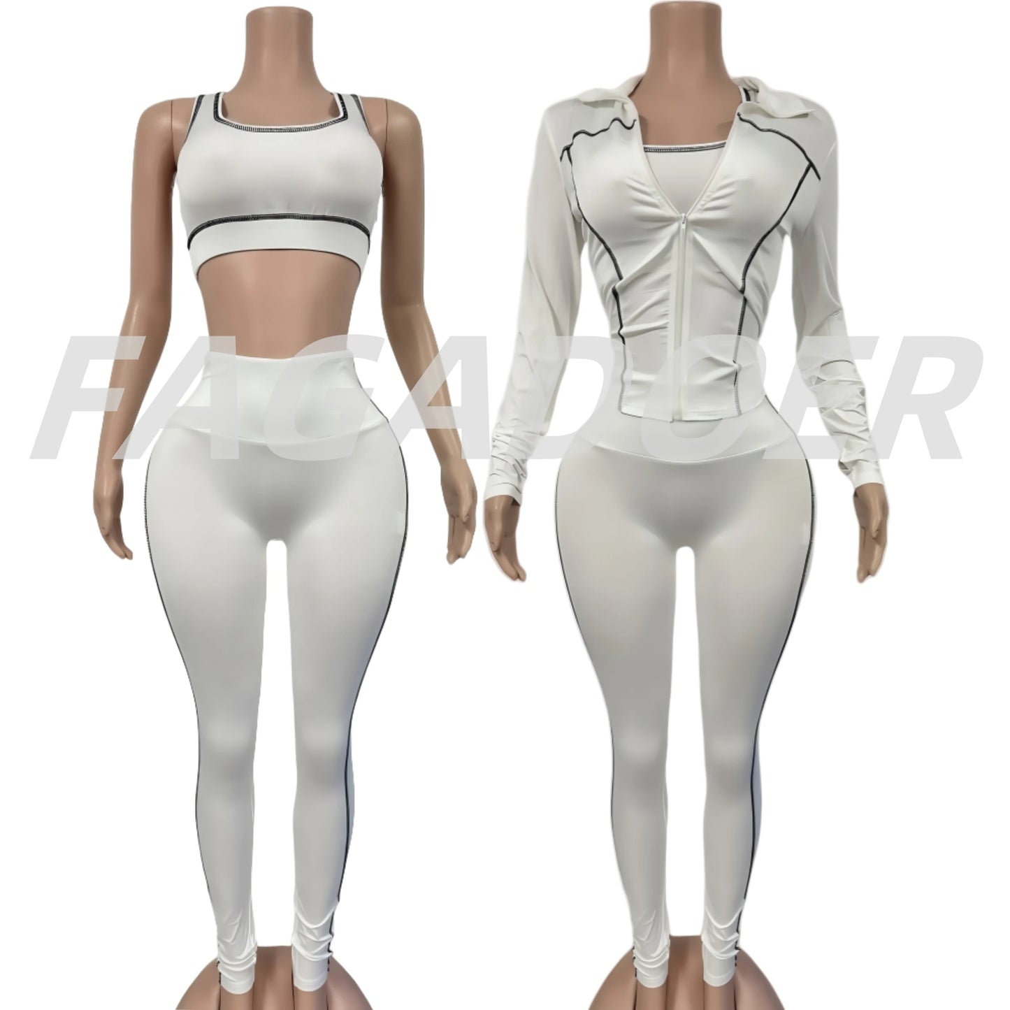 FAGADOER Autumn New Fashion Sports 3 Piece Sets Woman Outfit Stripe Patchwork Long Sleeve Zipper Tops + Pants Female Streetwear