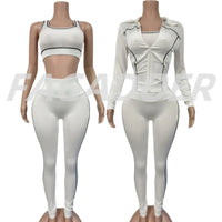 FAGADOER Autumn New Fashion Sports 3 Piece Sets Woman Outfit Stripe Patchwork Long Sleeve Zipper Tops + Pants Female Streetwear