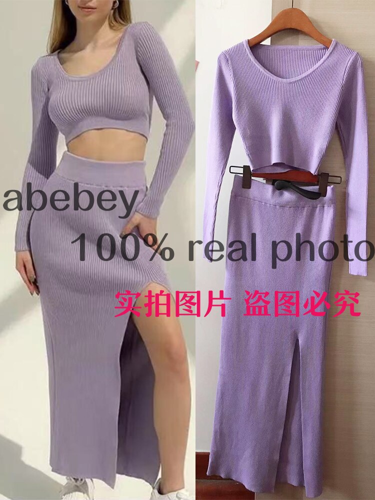 2022 Knitted Winter Women Sexy Sweater Skirt Suit Y2K Fashion Long Sleeve Crop Tops And Long Split Skirt Dress Two Piece Sets