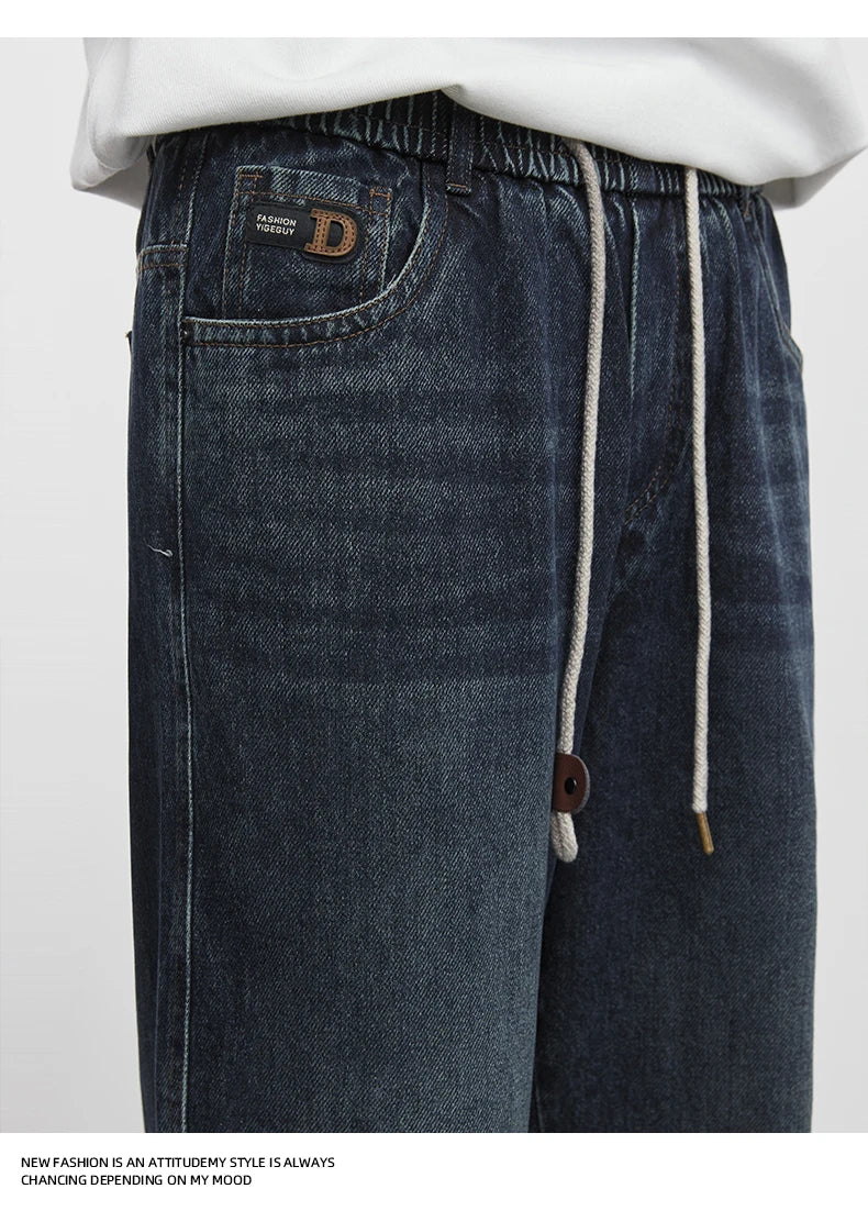 Fashion Men's Straight Jeans 2025 Autumn New Elastic Waist Retro Distressed Washed Jeans Men's Straight Casual Pants