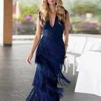 Autumn Long Sleeve Spliced Tassel Party Dresses Woman Elegant Deep V Neck Sheath Long Dress Fashion Solid Pleated Bohemian Dress