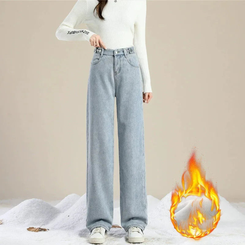 Plus Velvet Denim Pants for Women Autumn Winter New Thickened Baggy Straight Jeans Ladies Casual Versatile Wide Leg Trousers