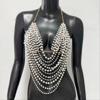 New Variety Of Body Chain Temperament White Pearl Suspender Silver Chain Top Metal Layered Fashionable Women's Clothing