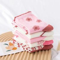 5 Pairs Pink Flower Knit Warm Childrens Socks For Girls Socks Kids Womens Cute Cartoon Medium Stockings