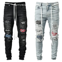 Men Jeans Denim Pants Pencil Pant Slim Fit Hole Print Pockets Straight Trousers Casual Elastic Waist Lace Up Autumn 2024