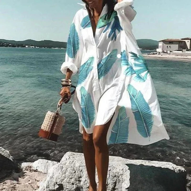 Spring Summer Women Loose Shirt Dress Casual Long Sleeve Printed V Neck Beach Shirt Dresses