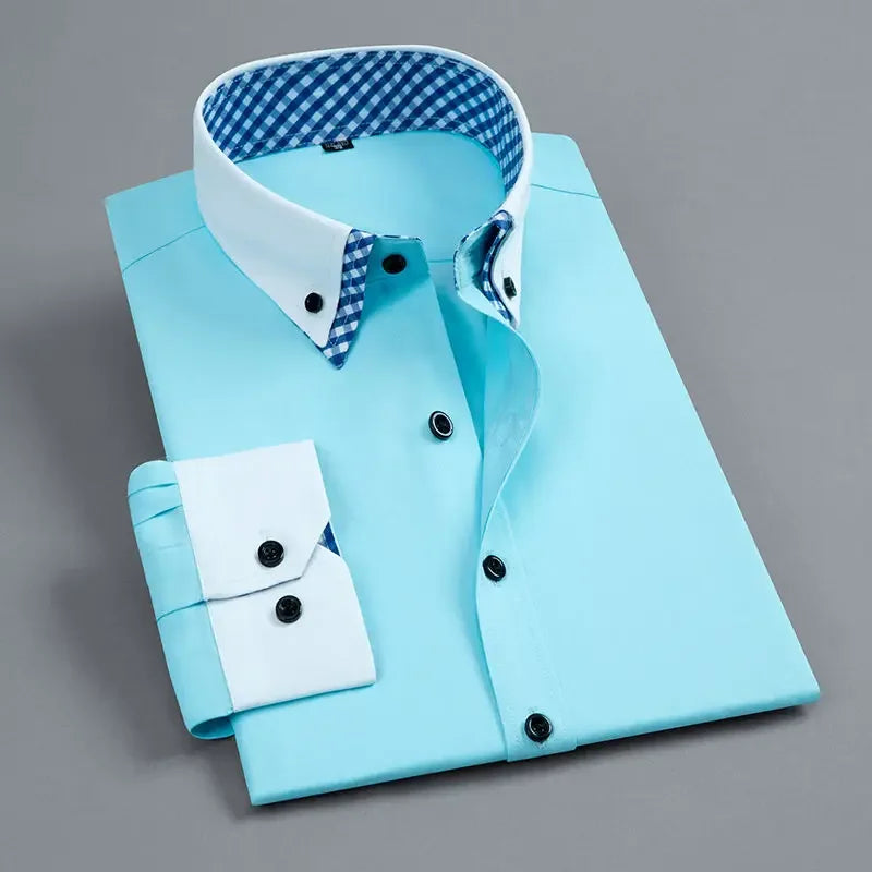 Mens Dress Shirt Long Sleeve Non Iron Fashion Double Layer Business Formal Regular Fit Office Camisa Social Solid Button Shirts