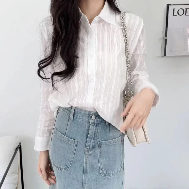 Spring New Elegant Long Sleeve White Shirt Casual Office Lady Blouse Summer Loose Thin Tops Classic Turndown Collar Clothing