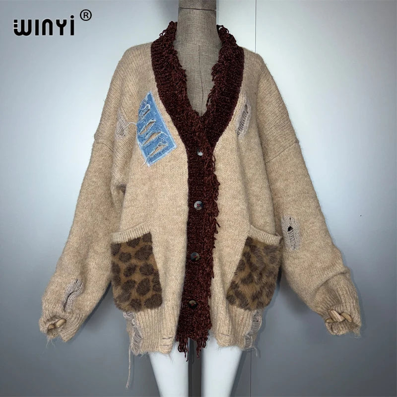 WINYI Make old holes and knit winter cardigan woman kimono party dress vintage abaya dubai luxur winter outfits for women coat