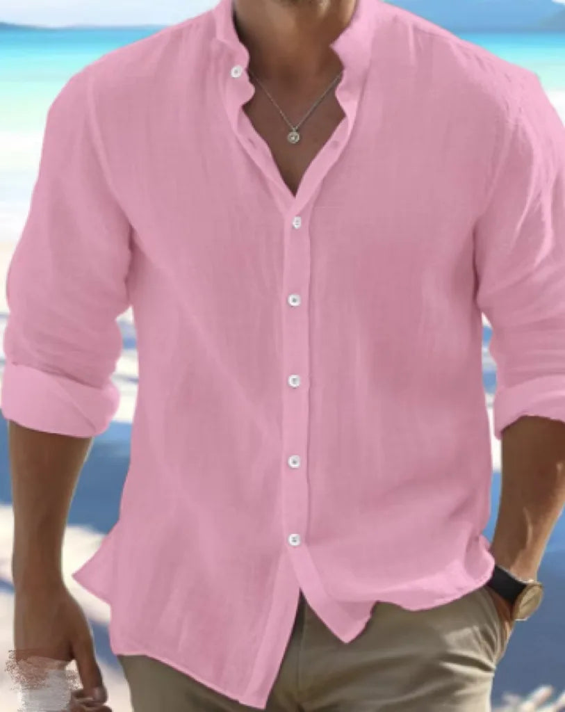 Men's Linen Button-down Shirt for Men Summer Beach Shirt Long Sleeves Plain Stand-up Collar, Spring/summer Casual Everyday Wear