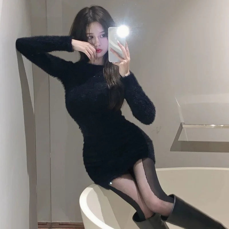 Long Sleeve Dress Women Solid Hollow Out Fashion Sexy All-match New Cozy Slender Daily Ulzzang Casual Winter Warm Clubwear Ins