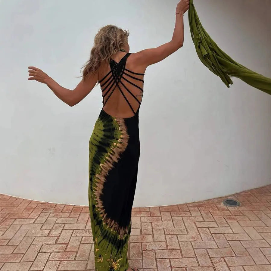 Sexy Hollow Tie-up Backless Vacation Dress Women Print U-Neck Package Hip Slim Party Dresses Casual Sleeveless Female Vestidos