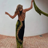 Sexy Hollow Tie-up Backless Vacation Dress Women Print U-Neck Package Hip Slim Party Dresses Casual Sleeveless Female Vestidos