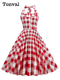 Tonval Gingham 50s Style Red Plaid Rockabilly Vintage Dresses for Women Button Front Halter Party Elegant Backless Dress